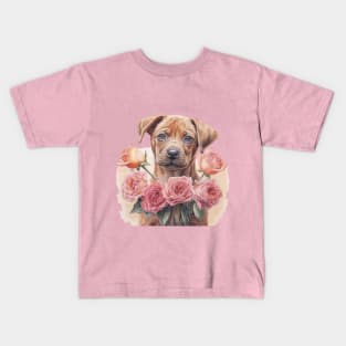 Puppy with pink rose, Valentine Kids T-Shirt